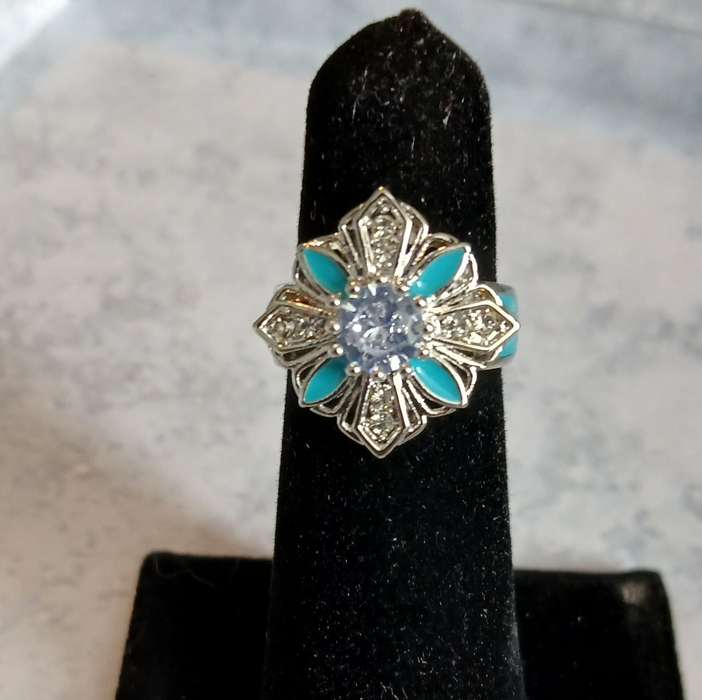 Ethnic Silver And Blue Floral Ring